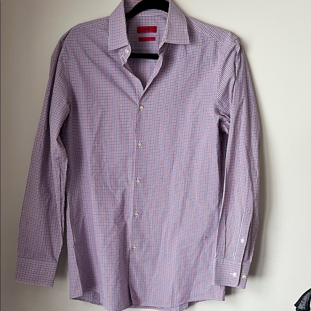 HUGO BOSS Sharp Fit Men's Dress Shirt Red Blue White Gingham Check 15 32/33 EUC